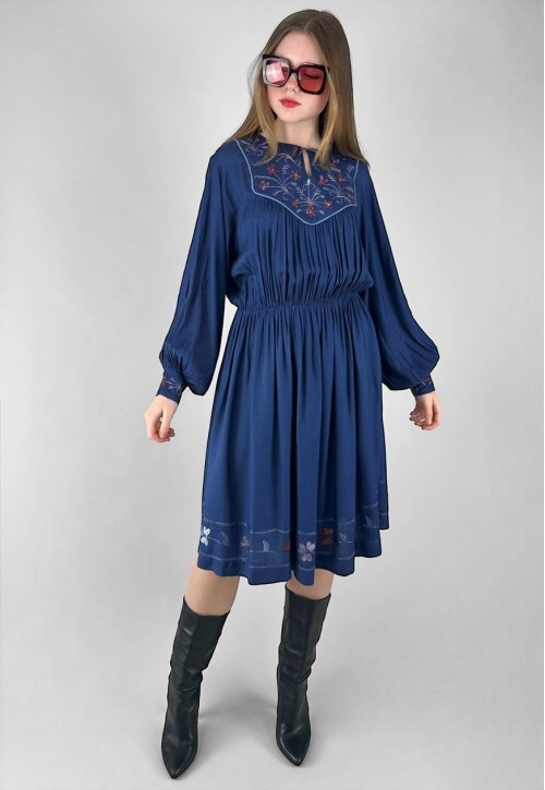 70's Vintage Blue Cotton Embroidery Folk Bell Sleeve Dress
