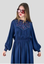 70's Vintage Blue Cotton Embroidery Folk Bell Sleeve Dress