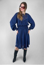 70's Vintage Blue Cotton Embroidery Folk Bell Sleeve Dress