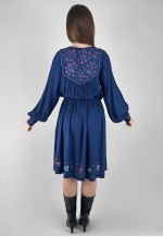 70's Vintage Blue Cotton Embroidery Folk Bell Sleeve Dress