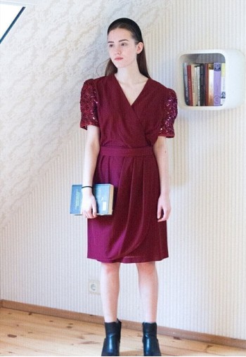Burgundy red belted vintage dress with sequin sleeves