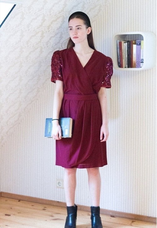 Burgundy red belted vintage dress with sequin sleeves