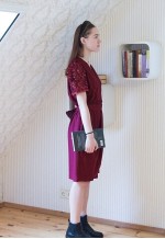 Burgundy red belted vintage dress with sequin sleeves