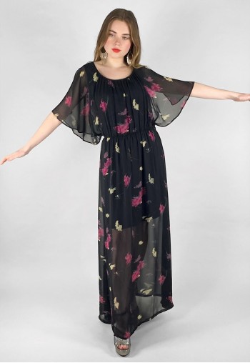 Vintage 70's Black Floral Fluted SleeveFloral Maxi Dress