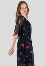 Vintage 70's Black Floral Fluted SleeveFloral Maxi Dress