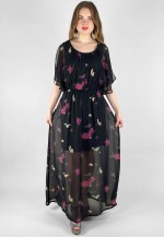Vintage 70's Black Floral Fluted SleeveFloral Maxi Dress