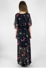 Vintage 70's Black Floral Fluted SleeveFloral Maxi Dress