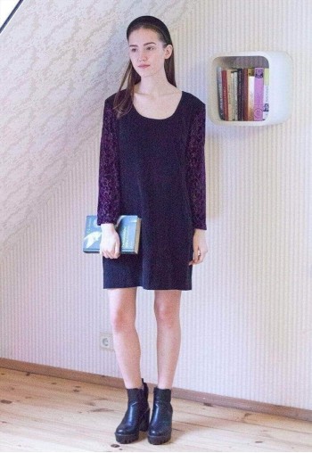 Black suede like dress with purple velour sleeves