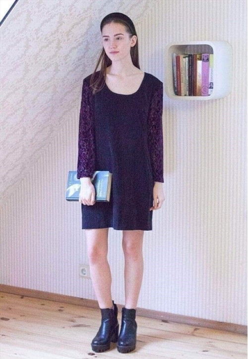 Black suede like dress with purple velour sleeves