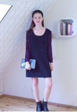 Black suede like dress with purple velour sleeves