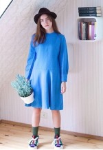 Bright blue long sleeve A line wool dress
