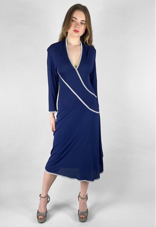 70's Janice Wainwright Vintage Blue Slinky Long Sleeve Dress