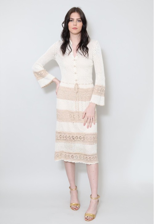 70's Vintage Cream Gold Crochet Fluted Sleeve Midi Dress
