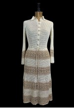 70's Vintage Cream Gold Crochet Fluted Sleeve Midi Dress
