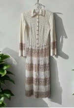 70's Vintage Cream Gold Crochet Fluted Sleeve Midi Dress