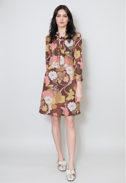 60's Vintage Pussy Bow Floral Brown Long Sleeve Mini Dress