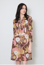 60's Vintage Pussy Bow Floral Brown Long Sleeve Mini Dress