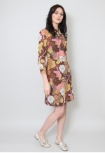 60's Vintage Pussy Bow Floral Brown Long Sleeve Mini Dress