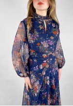 70's Vintage Ladies Dress Blue Sheer Prairie Floral Maxi