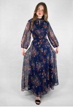 70's Vintage Ladies Dress Blue Sheer Prairie Floral Maxi