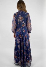 70's Vintage Ladies Dress Blue Sheer Prairie Floral Maxi