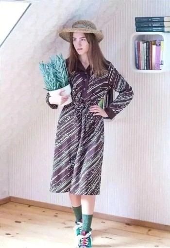 Dark brown white dots and stripes midi belted dress