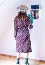 Dark brown white dots and stripes midi belted dress