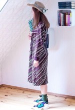 Dark brown white dots and stripes midi belted dress