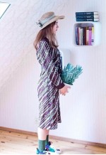 Dark brown white dots and stripes midi belted dress