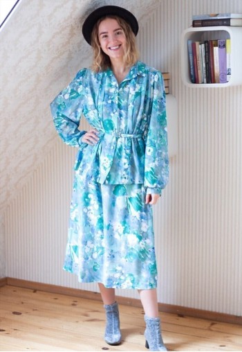 Light blue belted floral peplum vintage dress