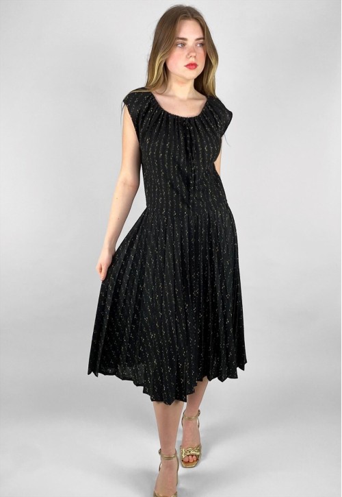 70's Vintage Black Pleated Midi Dress Gold Lurex Thread
