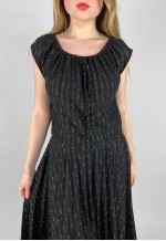 70's Vintage Black Pleated Midi Dress Gold Lurex Thread