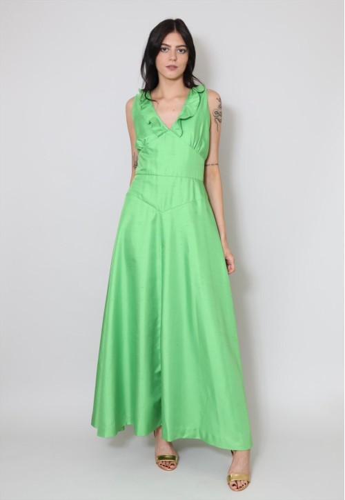 70's Vintage Sleeveless Ruffle Green Maxi Dress