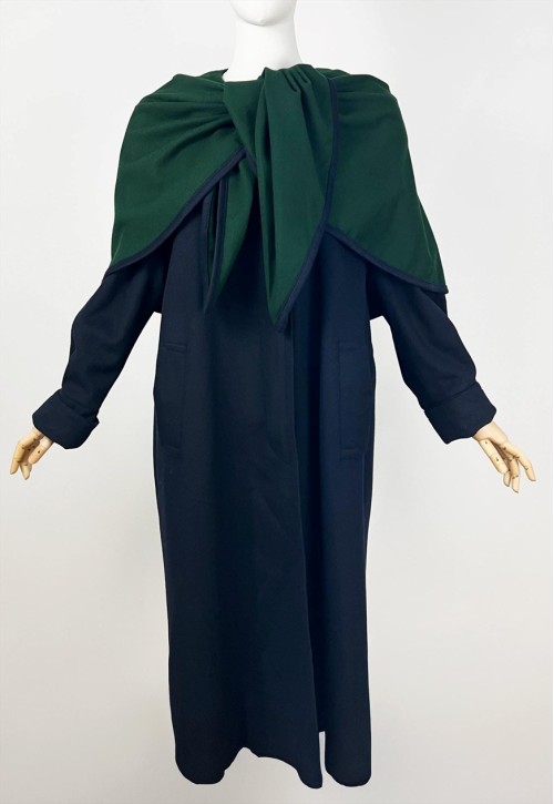 Vintage Long Wool coat, Blue and Green Wool Capelet Coat