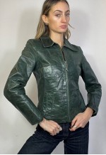 Vintage Y2k Distressed Leather Jacket Green Biker