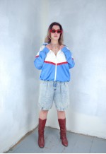 Vintage 90's track sport baggy bomber jacket in blue white